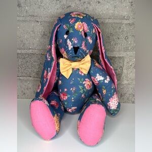 Handmade Floral Bunny Plush 17”Stuffed Rabbit Doll Pink Ears Yellow Bow